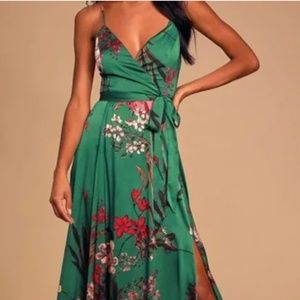 Lulus Still the One Emerald Green Floral Print Satin Maxi Dress XXS